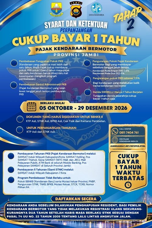 kabar gembira! pemprov jambi perpanjang pemutihan pajak kendaraan cukup bayar 1 tahun hingga desember 2026