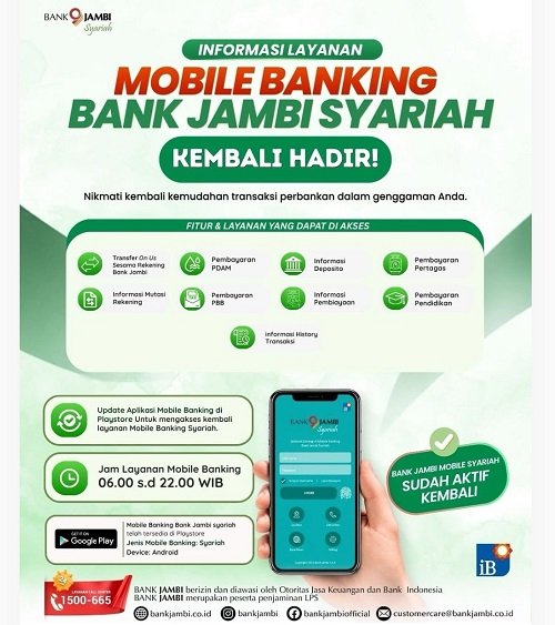 mobile banking bank jambi syariah kembali aktif, ini fitur lengkap dan jam operasionalnya